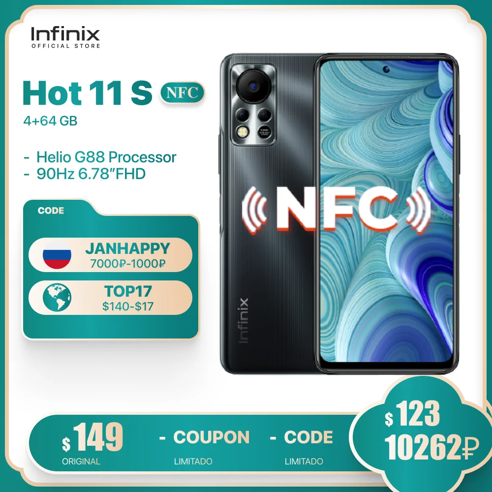  Infinix HOT 11S NFC, 4 + 64 ГБ, 6,78 дюйма, FHD, Helio G88, задняя камера 50 МП, аккумулятор 5000 мАч 