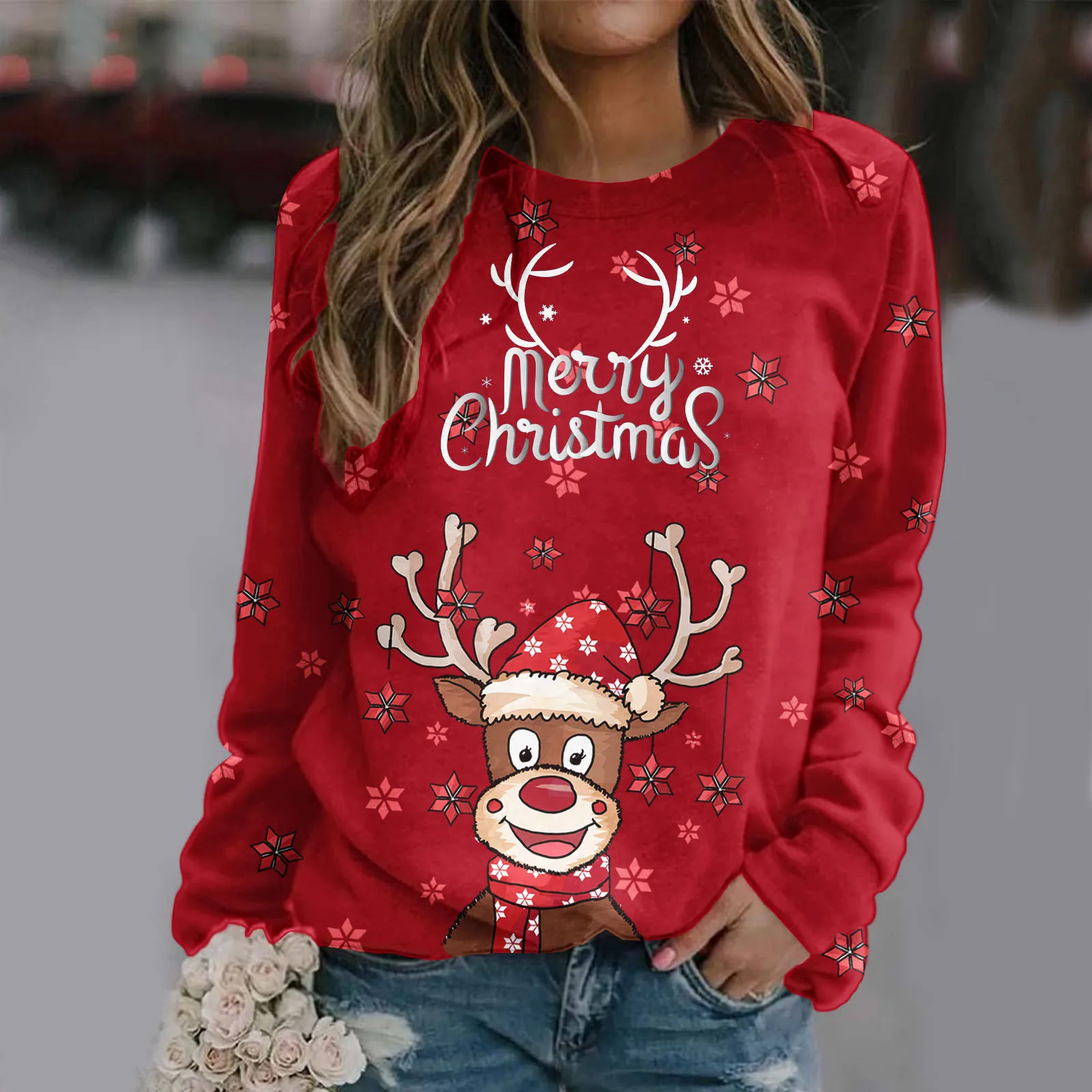 

Женский свитшот с изображением рождественского оленя, облегающий пуловер, топы, повседневные зимние свитшоты с длинным рукавом, женские свитшоты