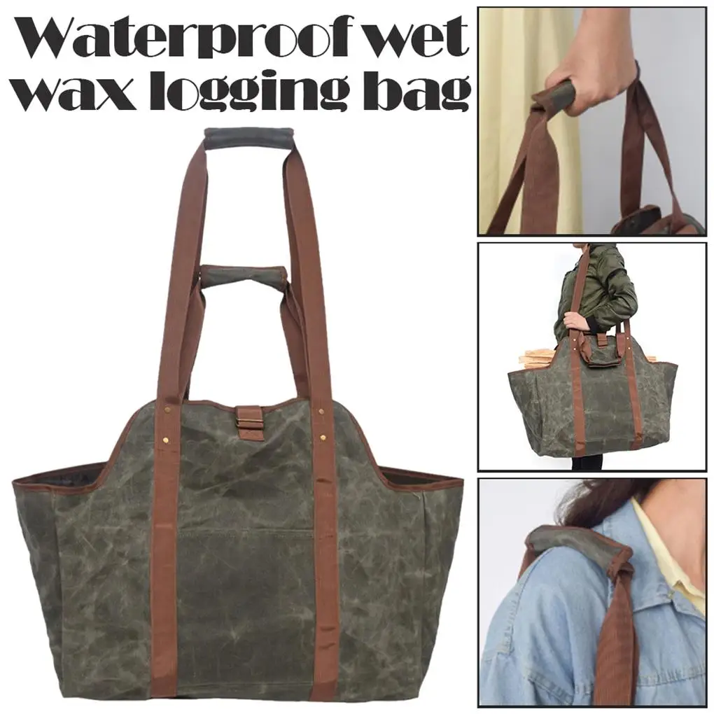 

Waterproof Wax Canvas Tote Log Carrier Firewood Hay Carrying Organizer Hearth Fireplace Stove Bag Camping Picnic