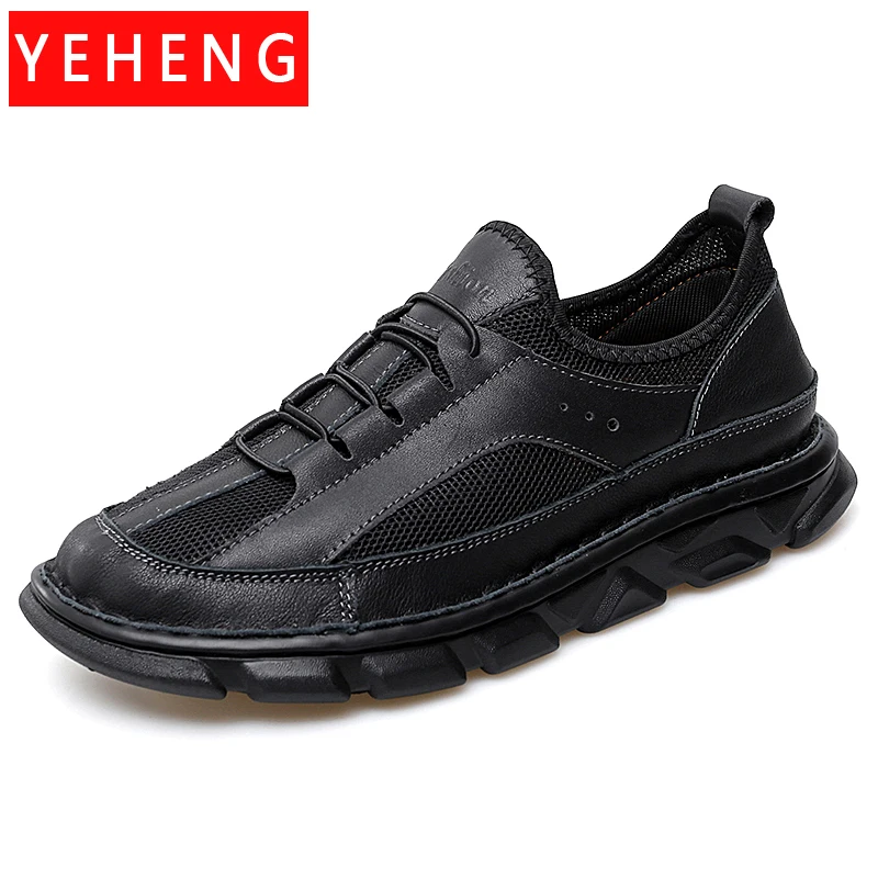 

New Summer Men's High-quality Leather Handmade Casual Leather Shoes Mesh Breathable Driving Shoes Outdoor Sneakers Walking Shoes