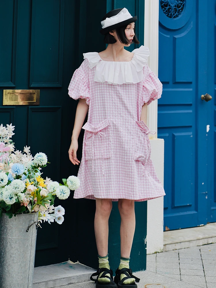 Imakokoni original Plaiddress with Bubble sleeves for Women's Summer 2022 New White Pink long  patchwork skirt for women