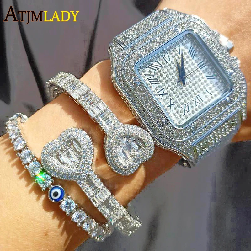 

2022 New Iced Out Baguette CZ Double Heart Shaped Adjustable Cuff Bangle Bling 5A Cubic Zirconia Luxury Lover Hiphop Jewelry