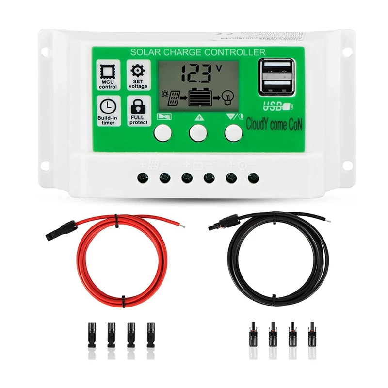 

Комплект контроллера заряда солнечной батареи 30 А, 12 В/24 В, контроллер заряда солнечной панели с ЖК-дисплеем, двойной USB-кабель-удлинитель со...