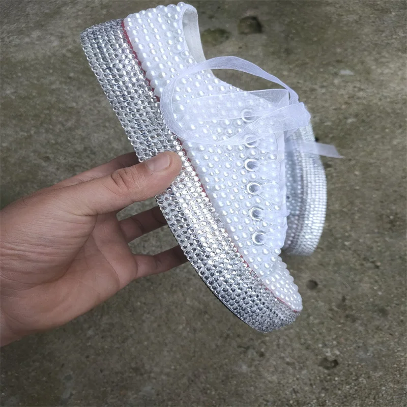 

Новинка, модные холщовые туфли ручной работы с бриллиантовым жемчугом, обувь на шнуровке, низкие повседневные туфли, женская обувь большого размера