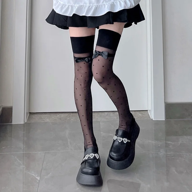 

JK Sweet Girls Long Socks Stockings Women Polka Dot Lolita Kawaii Cute Bow Thigh High Stockings Japanese Style Knee High Socks