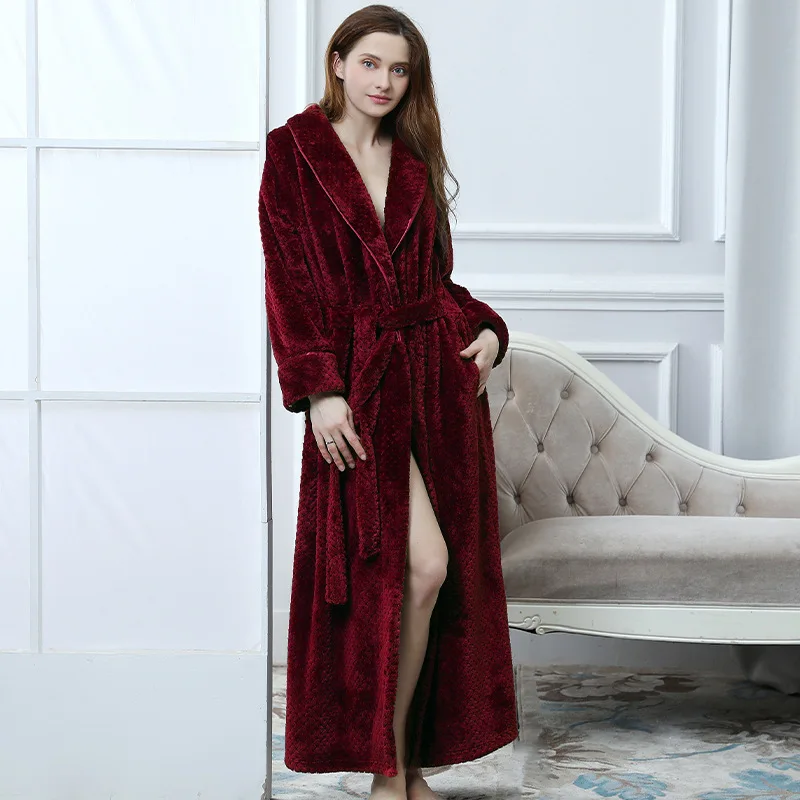 Women Winter Long Coral Fleece Bathrobe Warm Flannel Bath Mens Cozy Robes Night Sleepwear Thick Dressing Gown Turn-down Collar