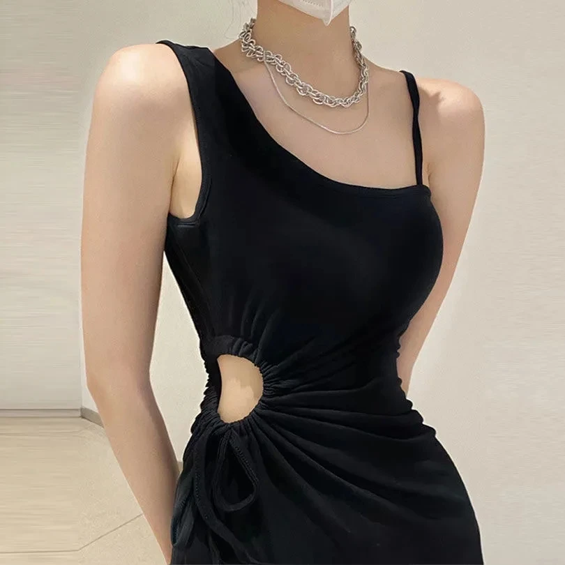 

Summer Solid Sheath Bandage Hallow Out Y2k Mid-calf Irregular Dress Women Sexy Slit Sleeveless Hip Street Party Club Dresses