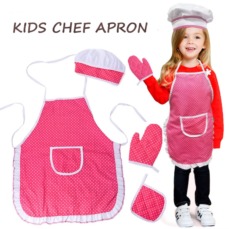 

4pcs/lot Kids Aprons Girls Chef Dress Up Costume Child Baking Cooking Kitchen Supplies Gloves Hat Set Chef Play House Game Toys