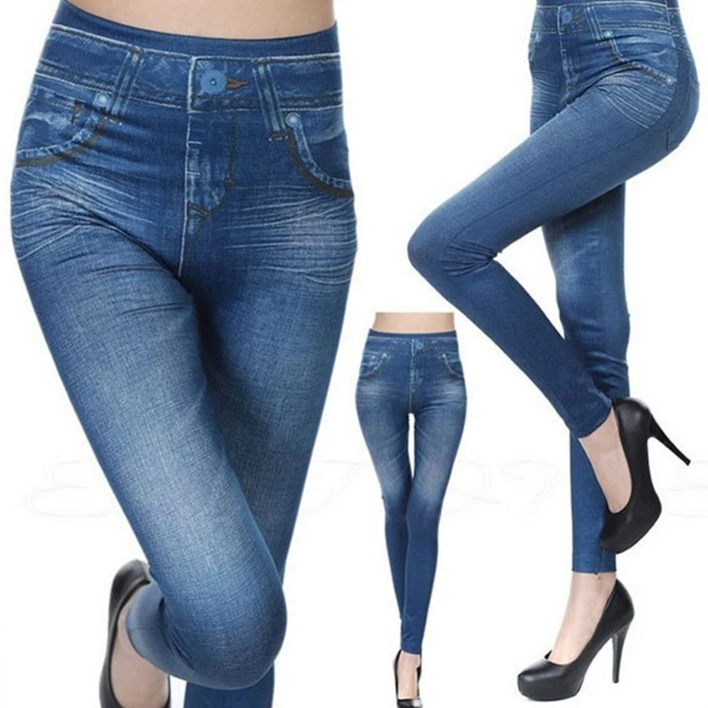 Women's Elastic Imitation Denim Tight Leggings High Waist Outer Wear Pants