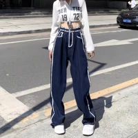 dark blue new jeans women washed y2k baggy pants american vintage street style high waist thin loose wide leg casual trousers