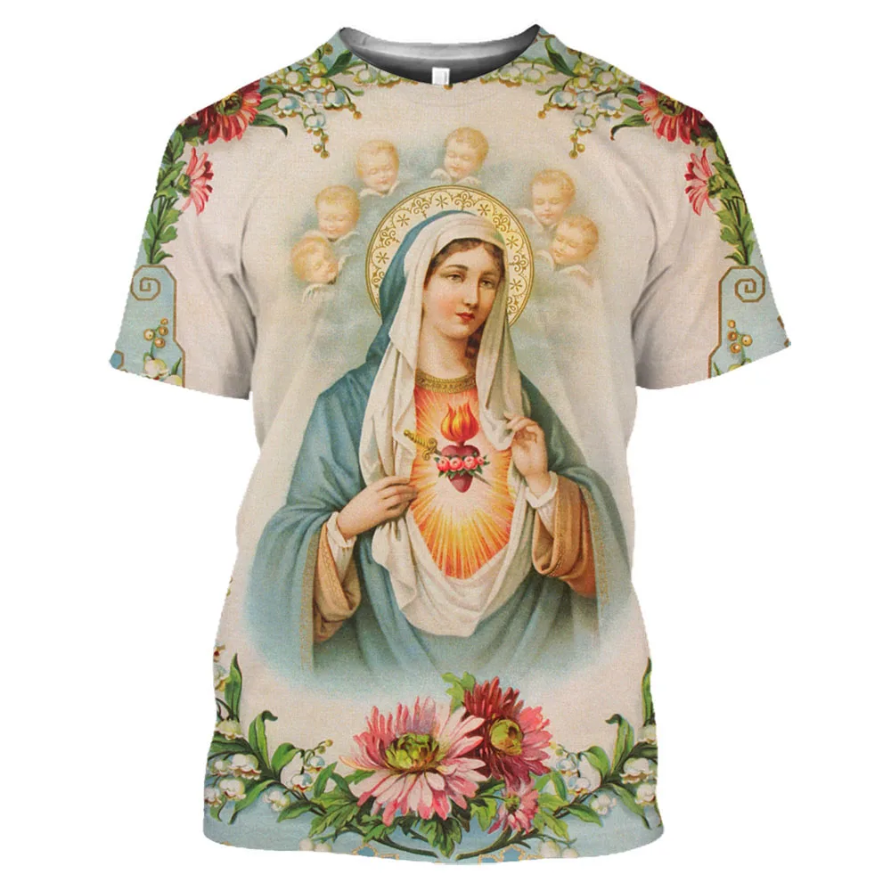 

Summer Guadalupe Virgin Mary Catholic 3D Print T-shirt Polyester O-Neck Loose Short Sleeve Oversized T Shirt Men Clothing Tops