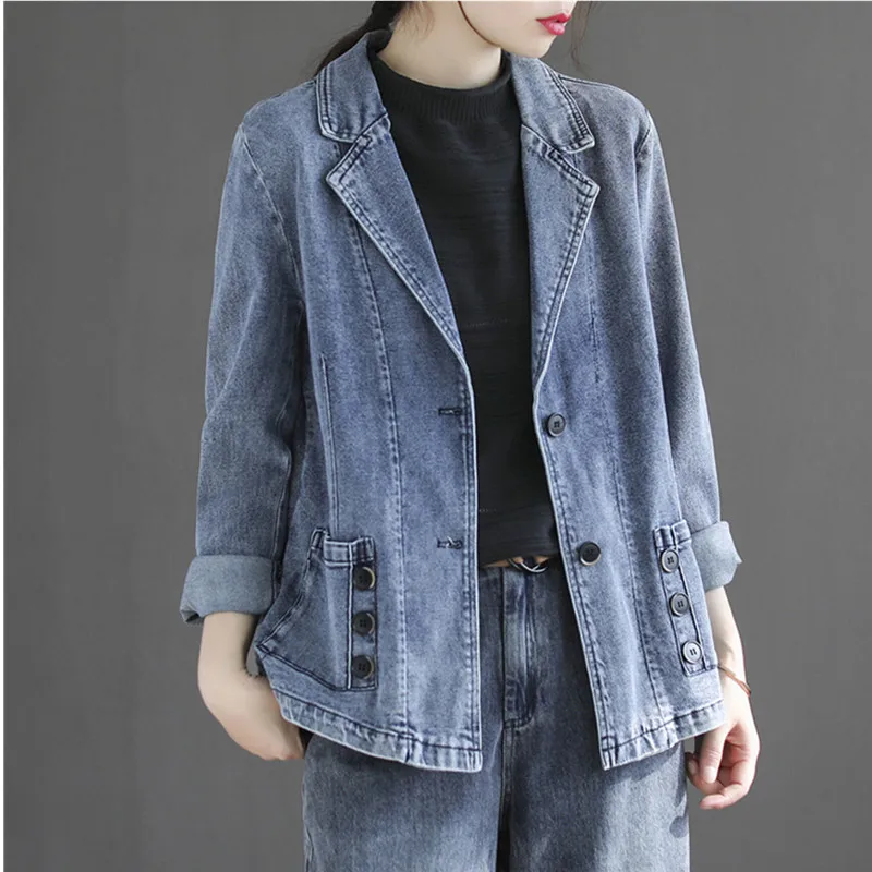 

2022 Spring Denim Suit Jacket Femme Long-Sleeve Tops Vintage Autumn Jeans Blazer Women Outerwear Cardigan Clothing