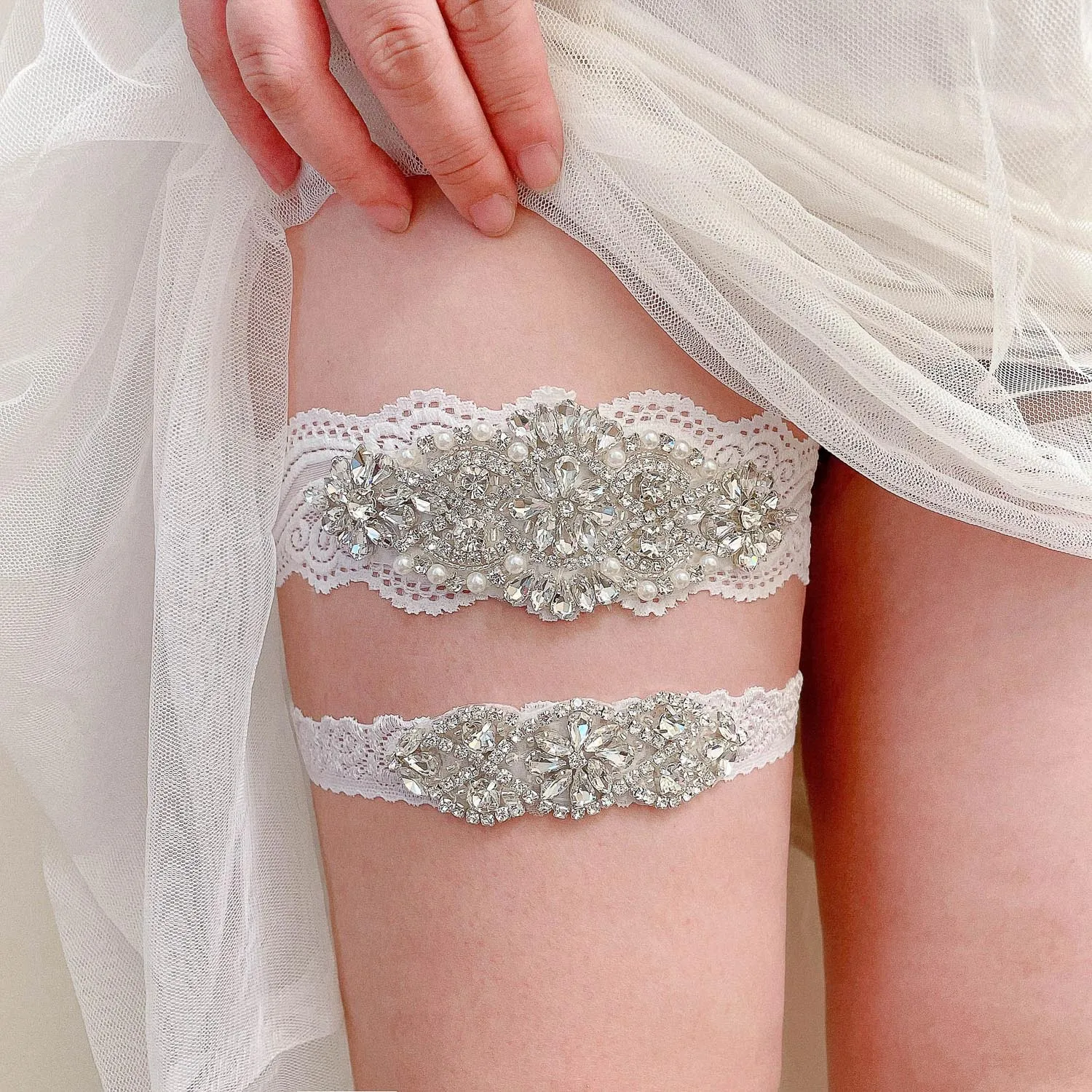 

2Pcs Wedding Garter Belt Lace Luxury Beads Crystals Sexy Garters Women/Female/Bride Thigh Ring Bridal Lace Leg Ring Loop