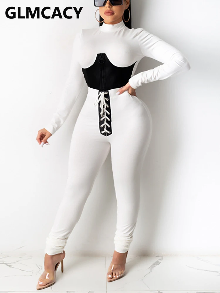

Women Two Piece Slim Suits Long Sleeve Cowl Neck Crop Top & Lace Up Pants Set