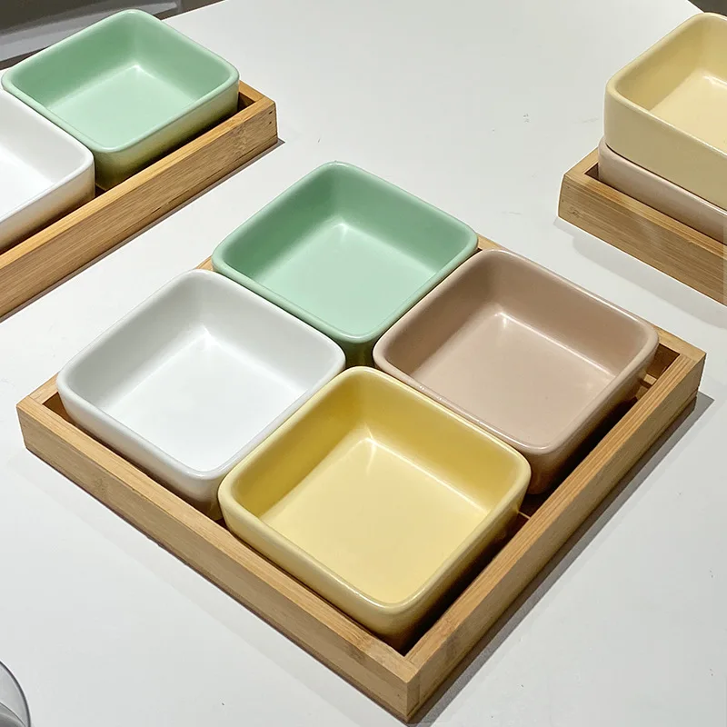 Ceramic Square Snack Plate Cheese Ice Cream Dessert Plate Multi Grid Wooden Tray Sauce Dishes Kitchen Tableware Accessories