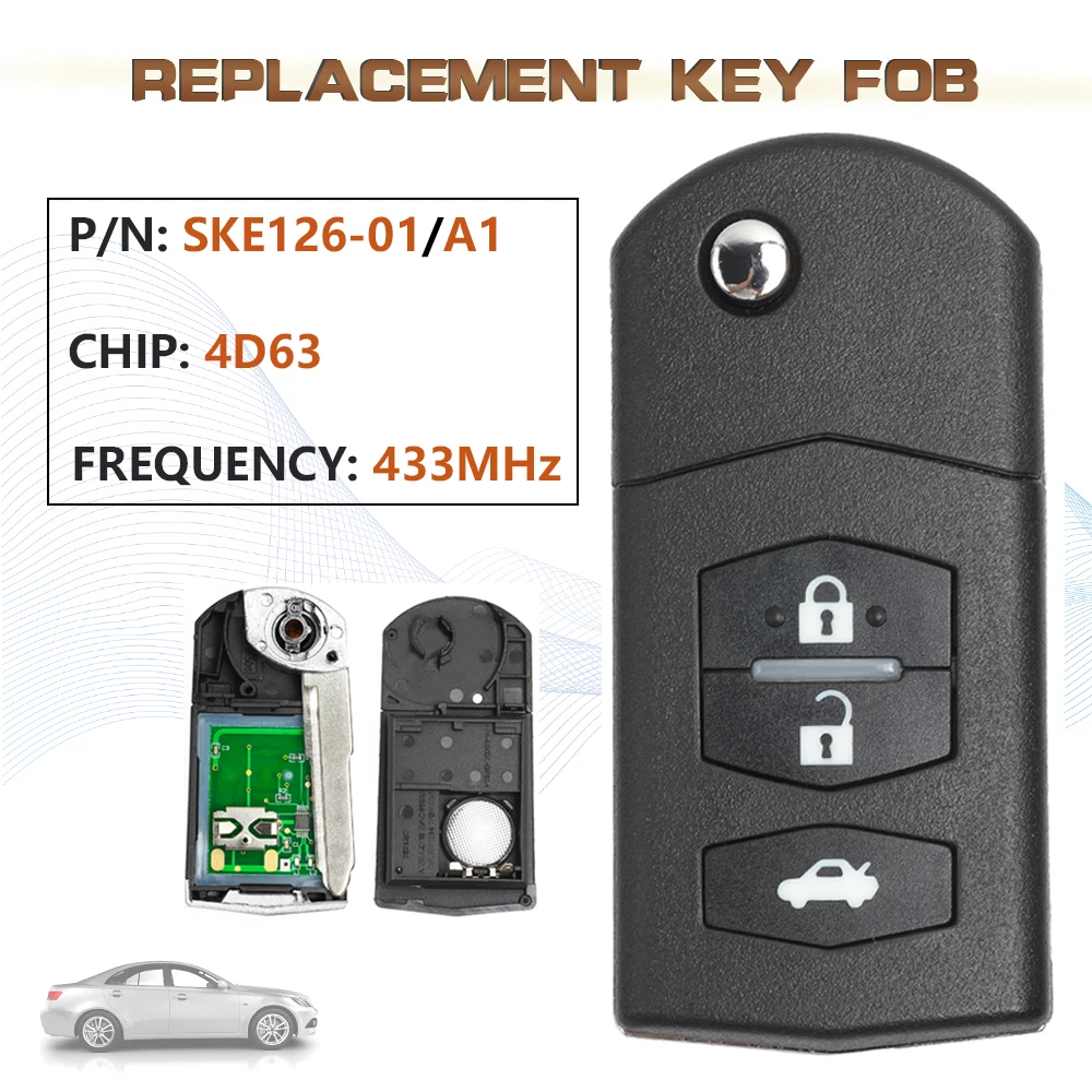 

KEYECU 433MHz P/N: SKE126-01/SKE126-A1 3 Buttons Smart Remote Key Fob for Mazda 2 3 5 6 MX5 RX8 4D63 Chip 2007 2008 2009