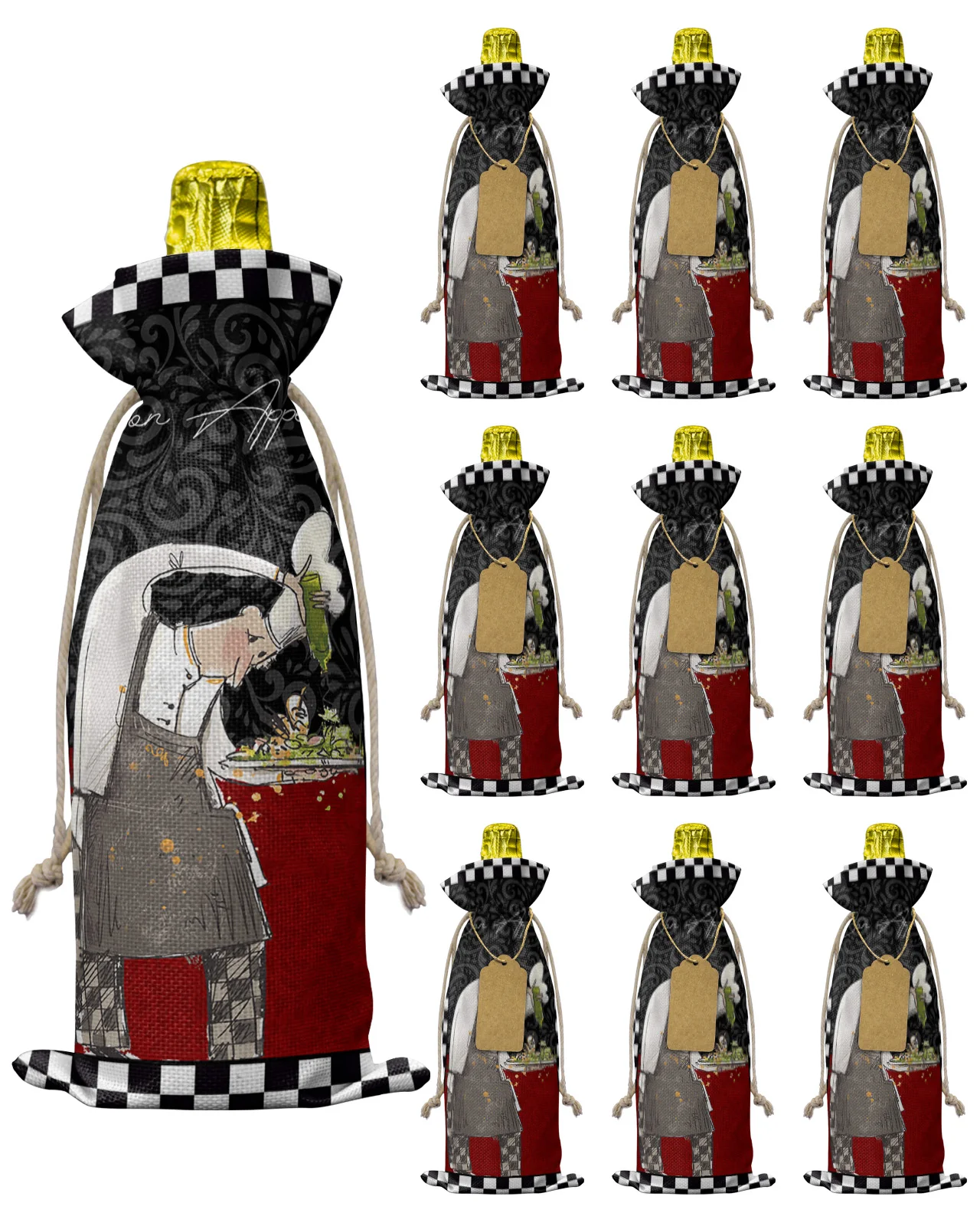 

10pcs Chef Food Vintage Texture Drawstring Wine Bottle Covers Reusable Bottle Wrap Gift Package Party Decor Wine Bags