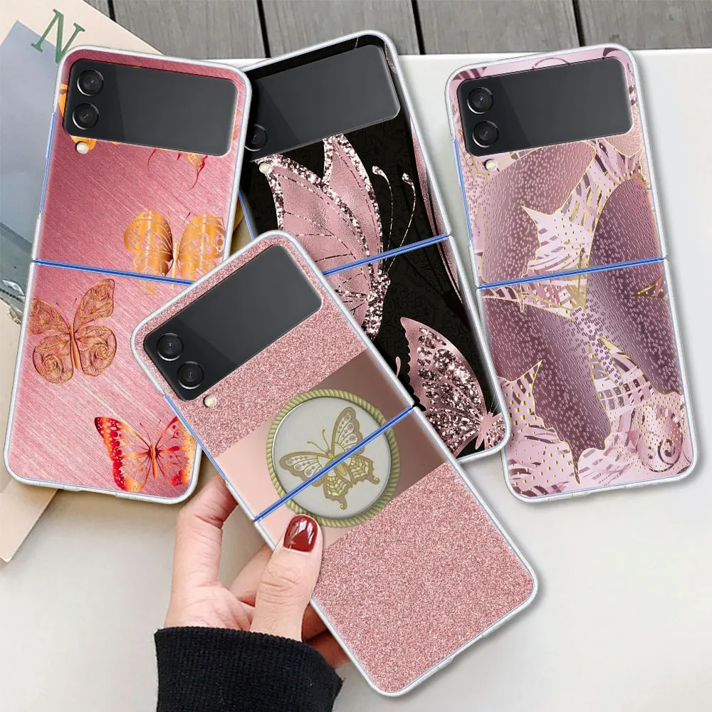 

Rose Gold Butterfly For Samsung Galaxy Z Flip 3 Case Folding anti-fall Samsung ZFlip3 Z Flip3 5G Transparent Protective Cover