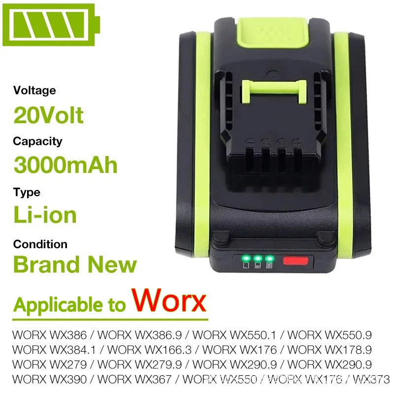 Подходит для аккумулятора Worx 20 в 3000 мАч WA3572, WA3553, WX390, WX176, WX800, WX678, WX550, WG169E, WG546E Electric Tool Подходит для аккумулятора Worx 20 в 3000 мАч WA3572, WA3553, WX390, WX176, WX800, WX678, WX550, WG169E, WG546E Electric Tool