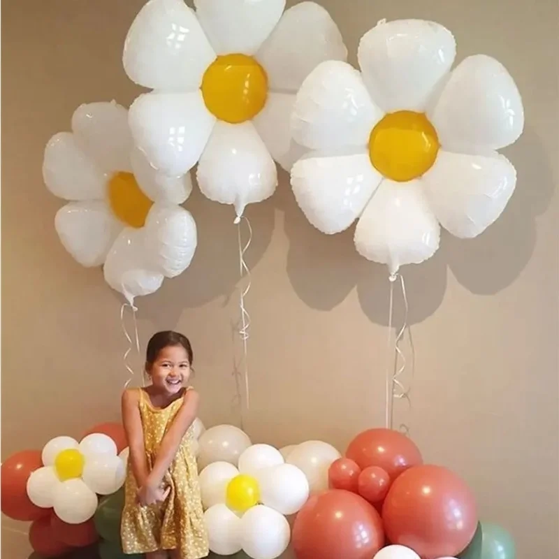 

3Pcs White Daisy Flower Foil Balloon Plumeria Helium Ball Wedding Kids Birthday Party Decor Baby Shower INS Photo Props Balloons
