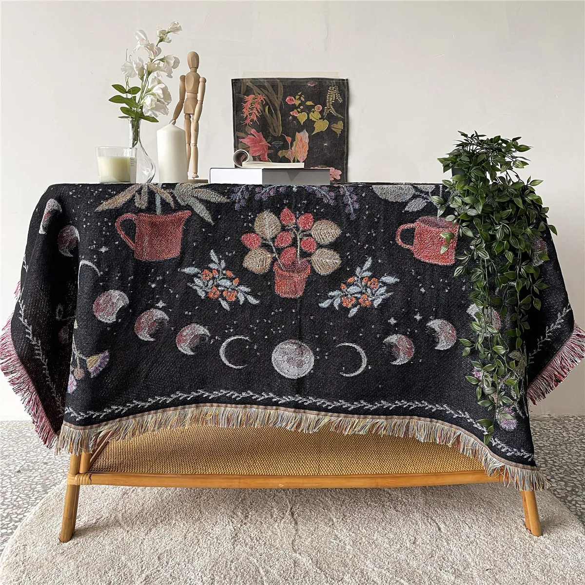 Moon Phase Blankets Plaid Tapestry Wall Hanging Tassels Linen Dorm Decor Starry Sky Rug Carpet Sofa Mats 130x150CM |