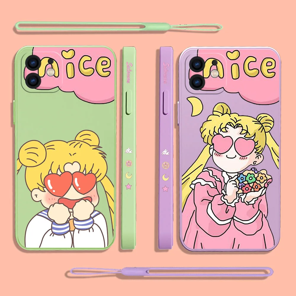 

Cute Sailors Moons Phone Case For iPhone 14 13 12 11 Pro Max Mini X XR XS SE 2020 7 Plus 6 6S Plus Silicone Cover With Lanyard