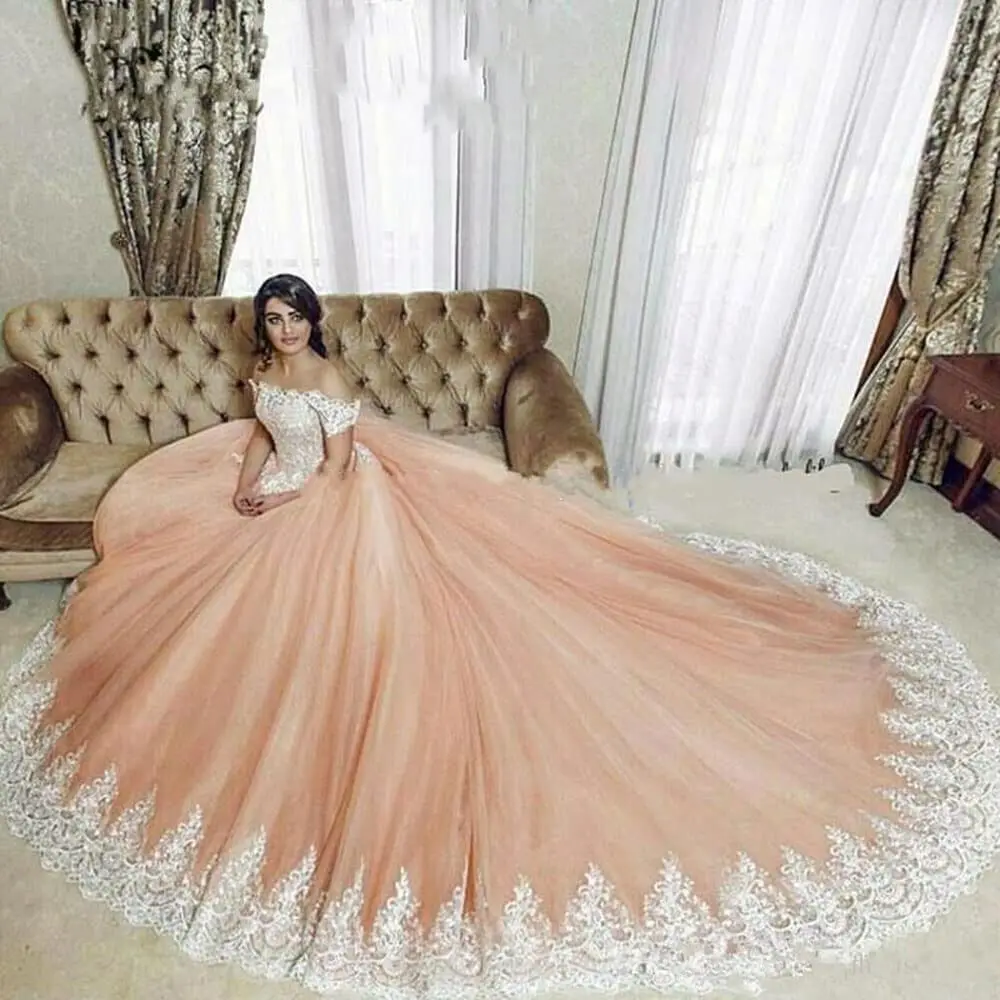 

Charmingbridal Off the Shoulder Quinceanera Dresses Ball Gowns for Teens 2022 Lace Puffy Tulle Long Prom Dresses with Train