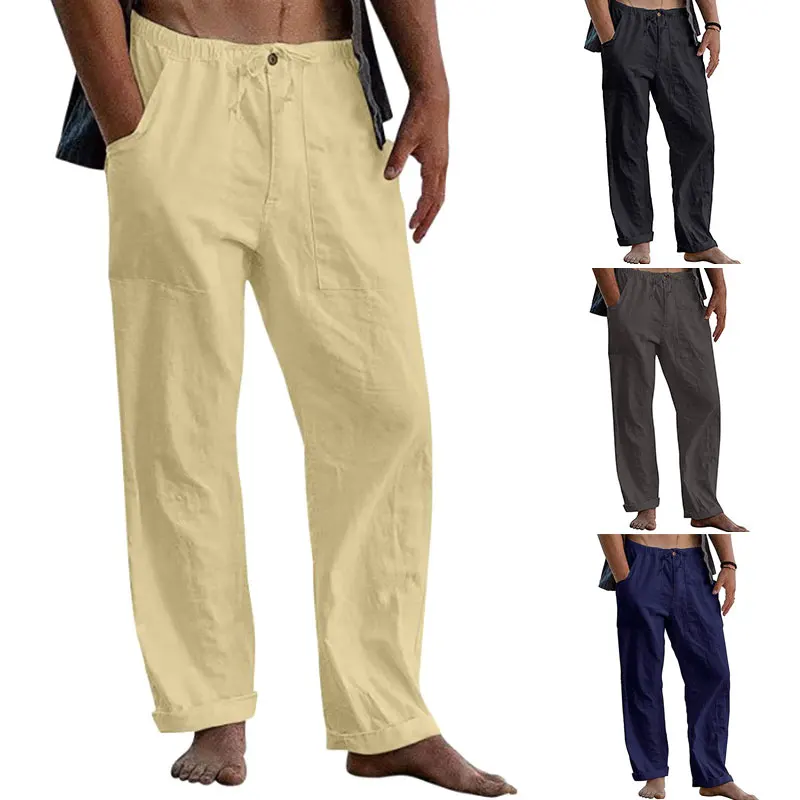 

Брюки мужские хлопково-льняные с широкими штанинами, свободные однотонные длинные брюки с эластичным поясом, Повседневные Дышащие, большие размеры, на лето
