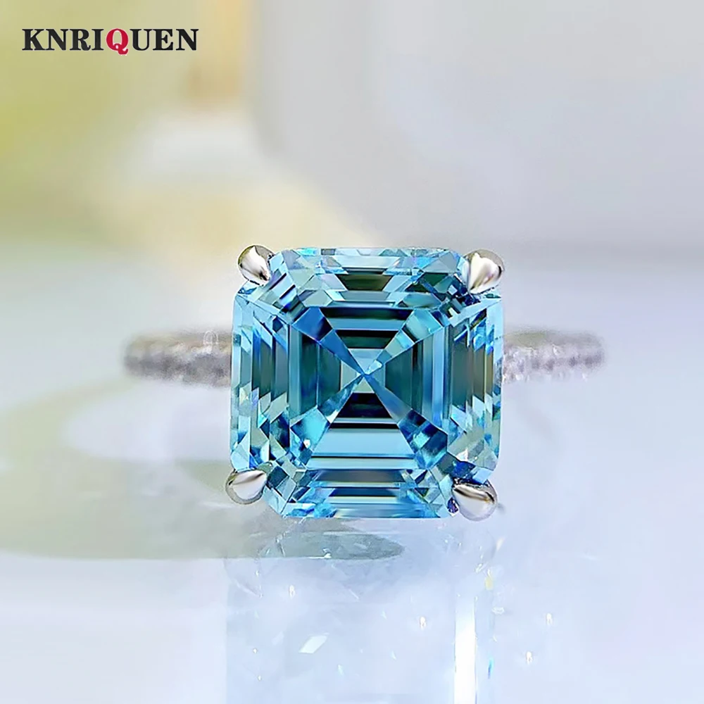 

2022 New Luxury 100% 925 Sterling Silver Wedding Rings for Women 9*9mm Aquamarine Gemstone Cocktail Party Ring Fine Jewelry Gift