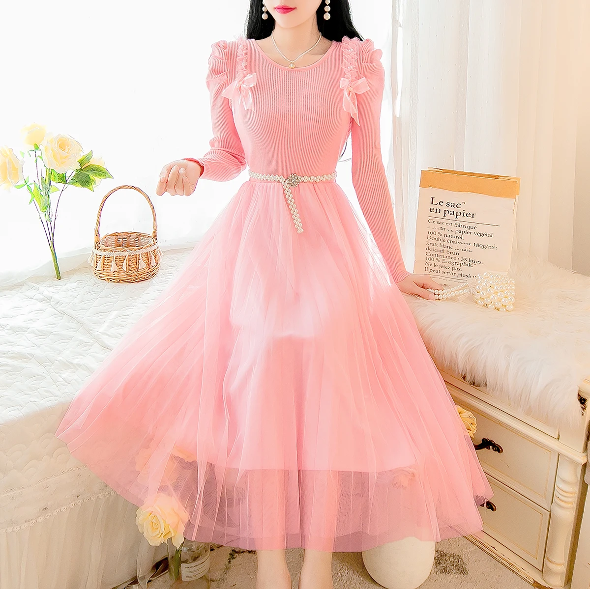 

Женское шифоновое платье-пуловер Aibeautyer, повседневное однотонное облегающее платье-трапеция до середины икры с круглым вырезом, весна-осень