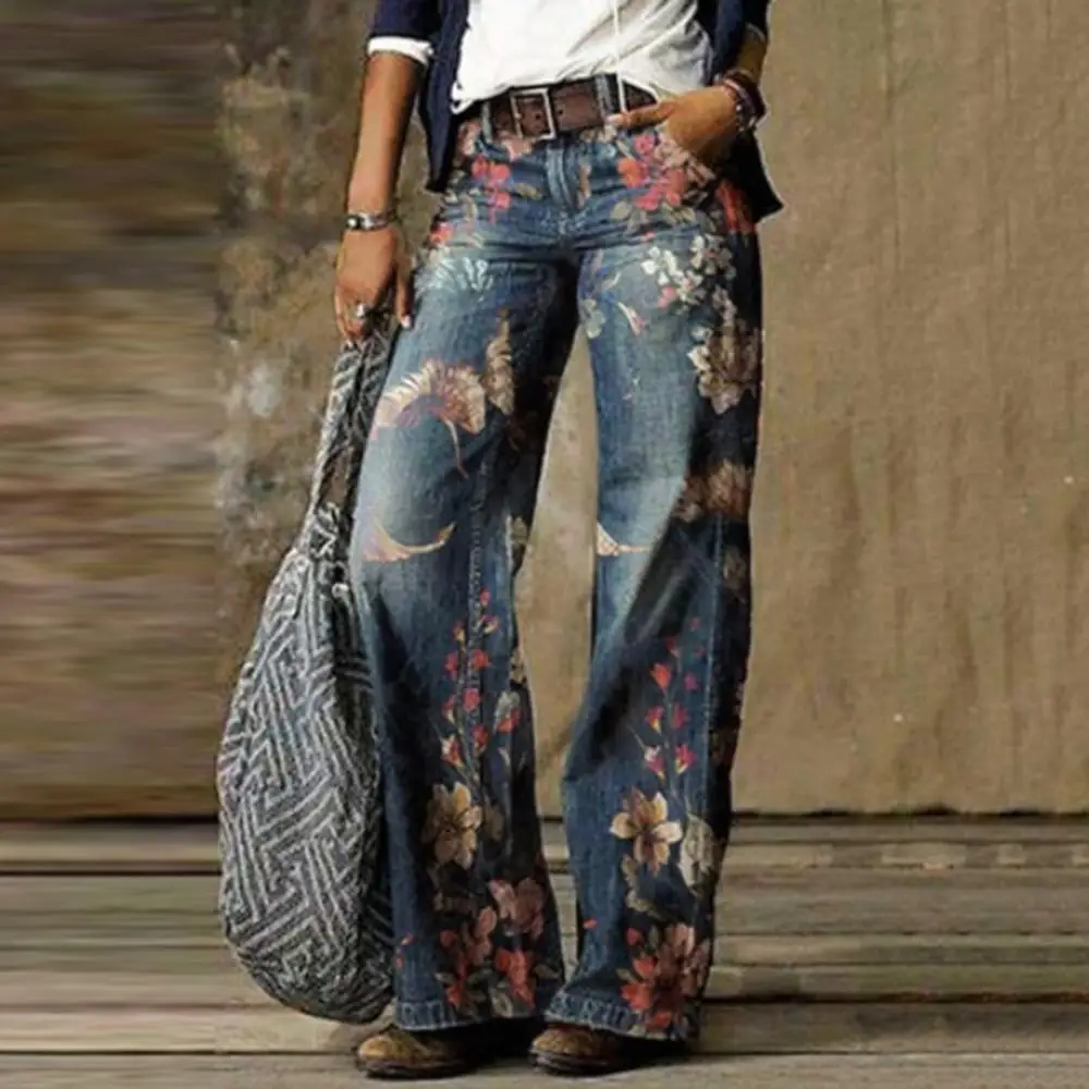 

Retro Wide Leg Pants Loose Long High Waist Women Trousers Floral Print Jeans Trousers