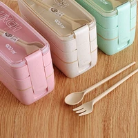 creative wheat straw mess tin office portable three tier student sealed compartmented square lunch box
