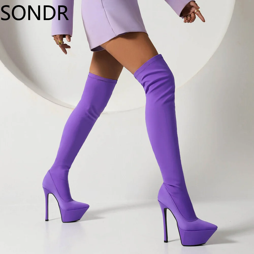

Womens Platform Satin Silk Over Knee Thigh Boots Platform Pointed Toe Super 14CM High Heel Shoes Candy Colors Riding New 2023