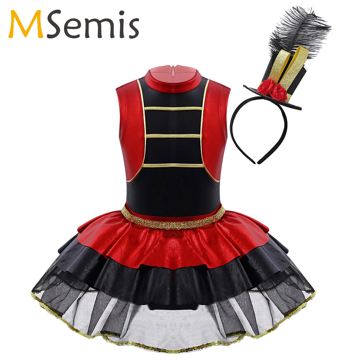

Girls Circus Ringmaster Leotard Dress Shiny Sequins Showman Costumes with Feather Hat for Halloween Carnival Party Dress Up