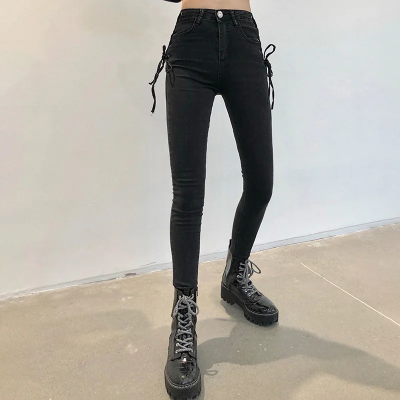 2023 Women's Spring and Fall Side Straps Tight Thin Pencil Pants Foot Pants Female Solid Trouser Korean Chic Black Denim Jeans