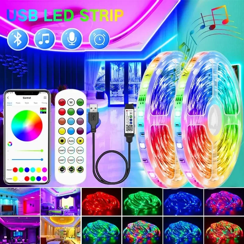 

10M Led Strip Lights 5V 5050 RGB Bluetooth Control Luces Led Flexible Diode Ribbon Neon Lamp USB TV BackLight Room Decoration