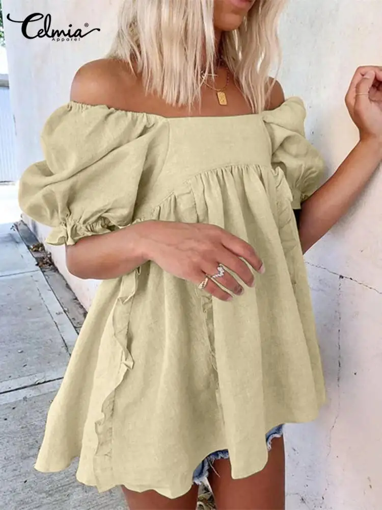 

Celmia Fashion Cotton Tunic Top Summer Ruffles Stitching Women Elegant Long Blusas Casual Puff Sleeve Off Shoulder Peplum Blouse