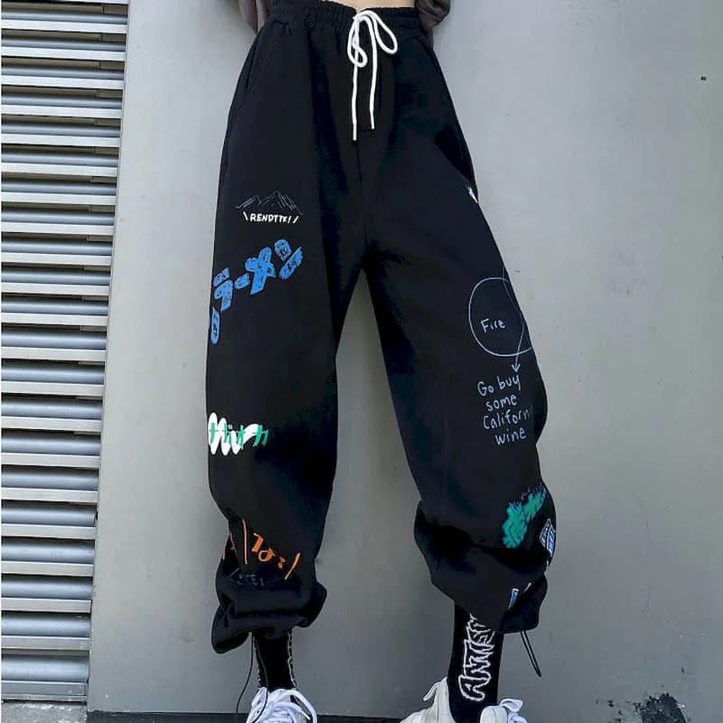 

Plus Size Sweatpants Unisex Hip Hop Spring Loose-Fitting Feet Streetwear Wide-Leg Pants Casual Graffiti Printing Sports Trousers