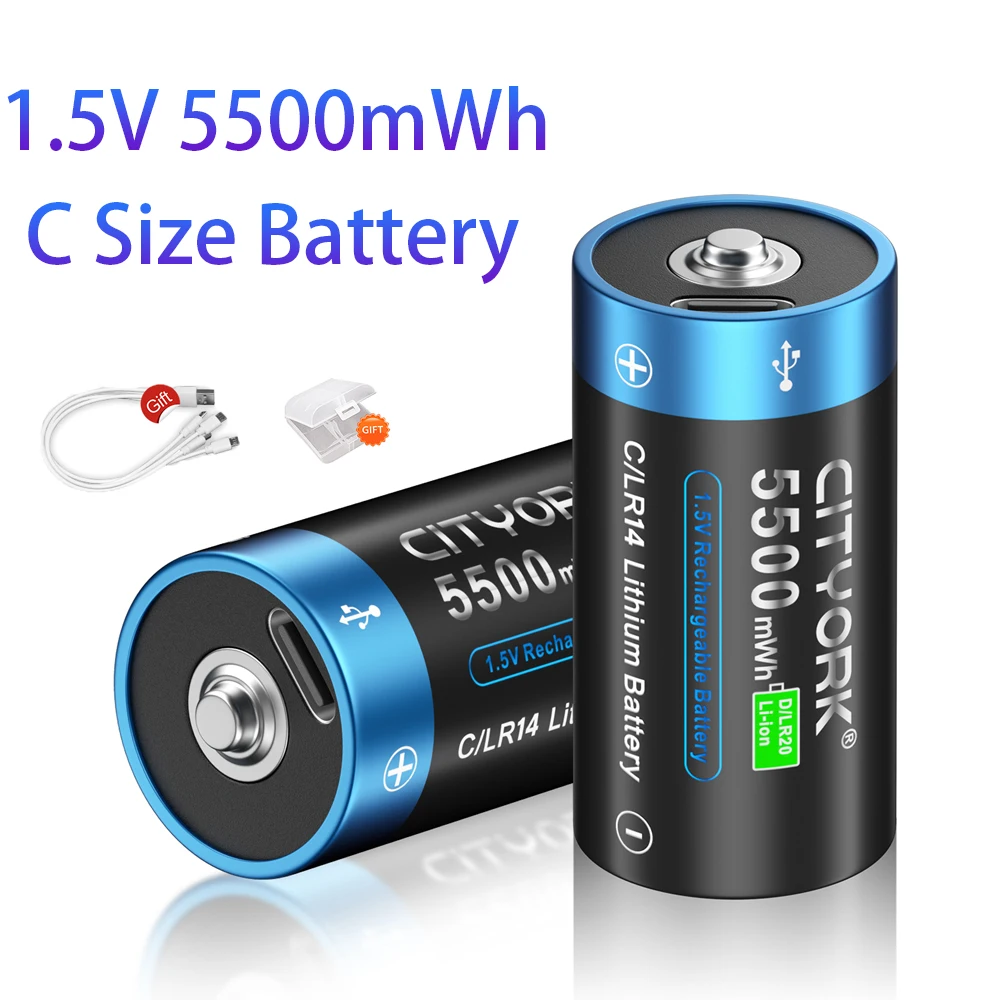 

CITYORK 1.5V 5500mWh C Size Type-C USB Rechargeable Li-ion Batteries for Water Gas Cooker Toy Meter Radio Shaver LR14 Battery
