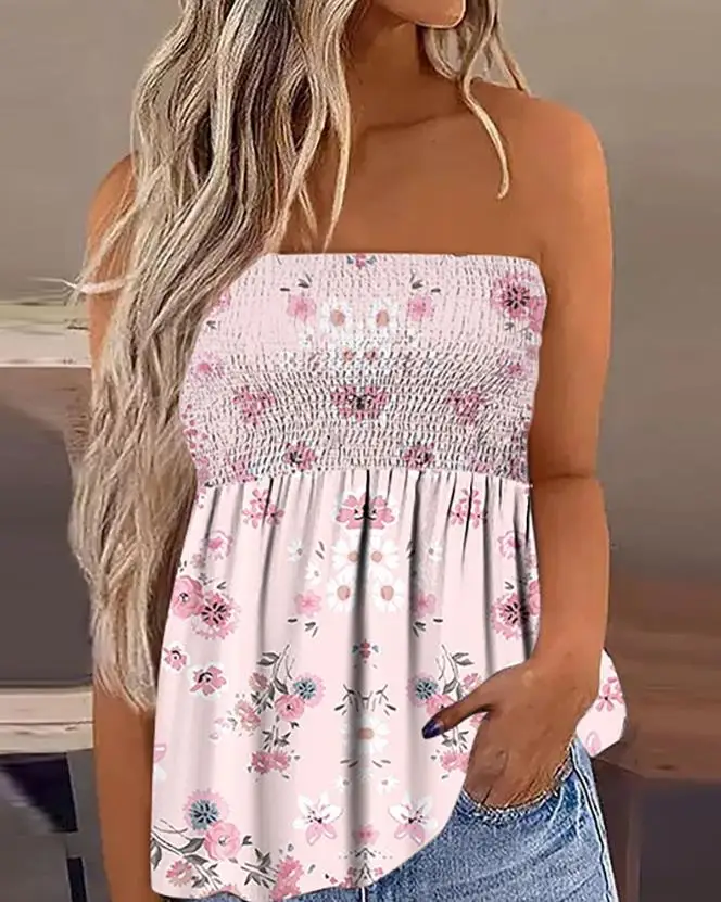 

Women's Summer Pink Ditsy Vest 2023 Fashion Floral Print Shirred Sweet Bandeau Tank Top for Ladies Casual Tube T-Shirt Female