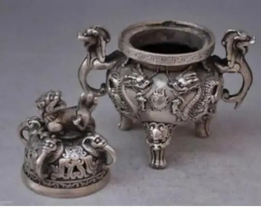 

Statue bouddhiste chinoise en cuivre, ancien dragon lion en argent, brûleur d'encens
