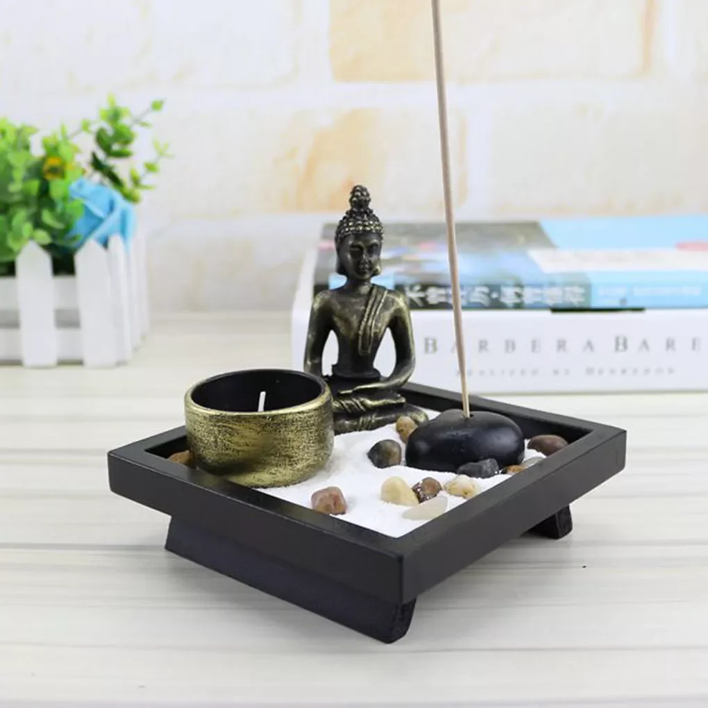 

Desk Meditation Garden Buddha Statue with Tealight Incense Holder Rocks Sand Home Decoration Relaxing Gift