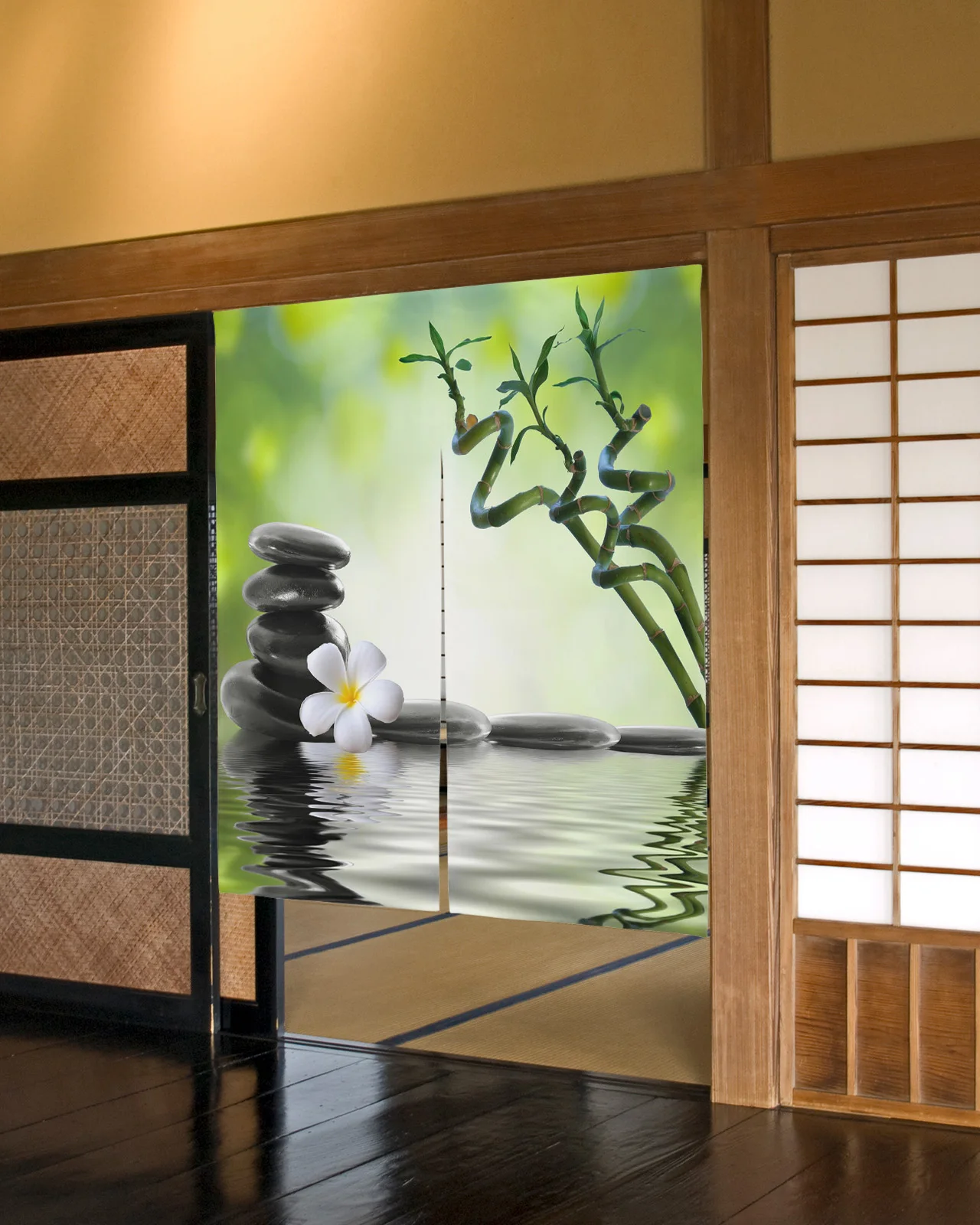 

Orchid Stones Bamboo Flower Zen Green Japanese Door Curtain Restaurant Kitchen Entrance Partition Curtains Customed Half-Curtain