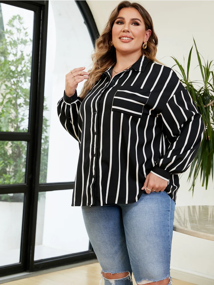 Oversized Temperament Commuter Loose  Polo Striped Shirt plus size blouse  roupas femininas tops for women