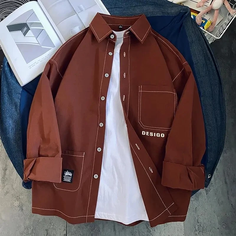 Men's Shirts Workwear Style Long Sleeve Lapel Casual Shirts Pockets Decorative Loose Male Clothing