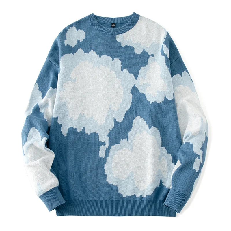 

Mens Casual Sweaters Cartoon Cloud Pattern Round Neck Long Sleeve Men Autumn Winter Pullovers Loose Cartoon Sweater Couple Tops