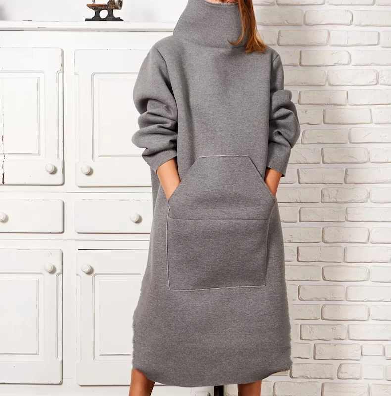 

Женский Длинный свитшот с высоким воротником, однотонный флисовый пуловер с капюшоном и длинным рукавом, Теплые Топы с карманами в стиле ретро, Осень-зима