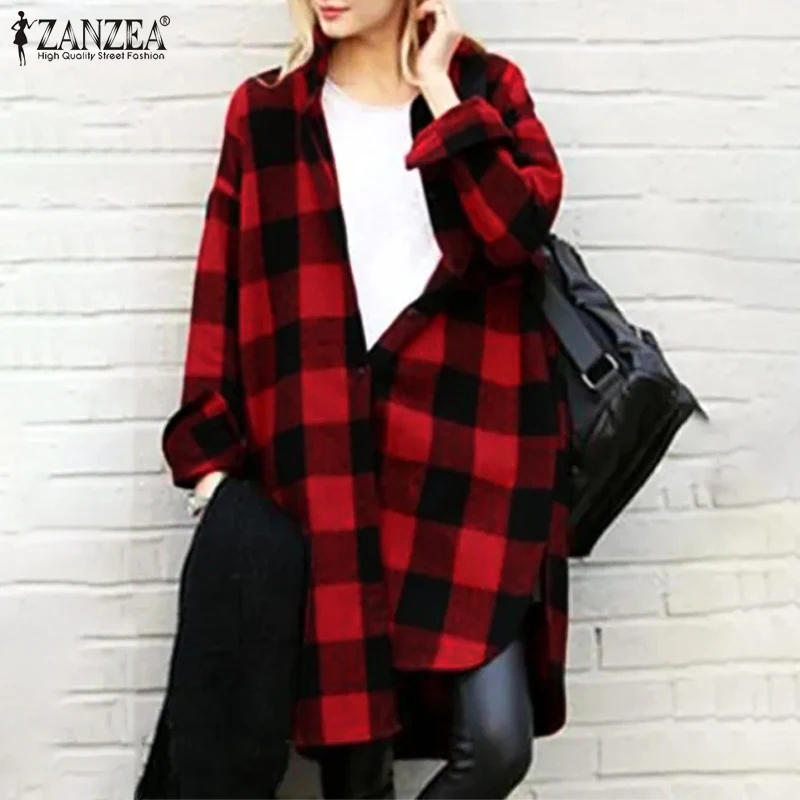 

Женская Свободная блузка-рубашка в клетку, с длинным рукавом