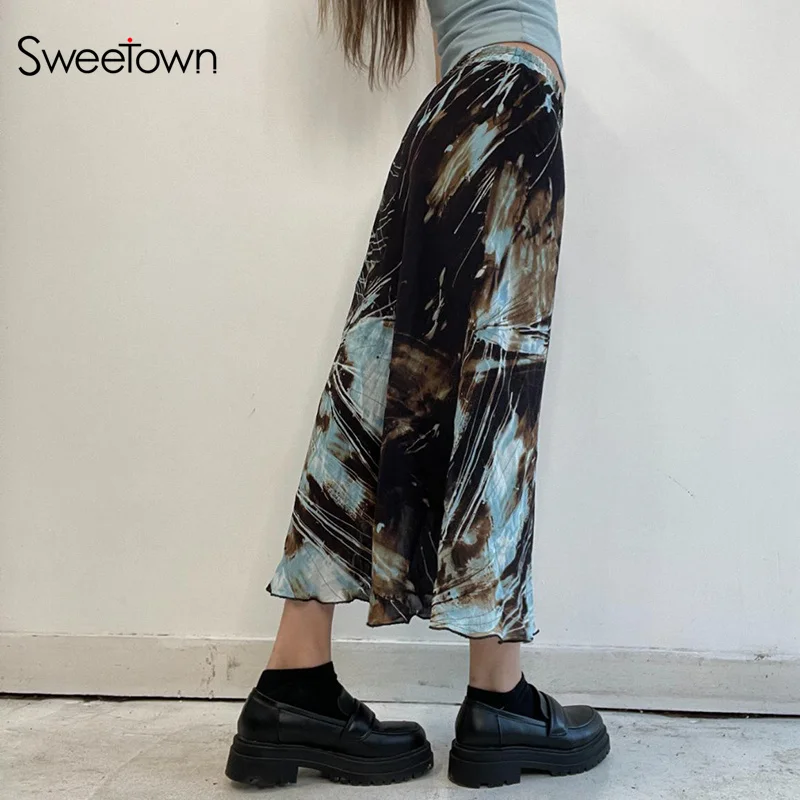 

Sweetown Tie Dye 90s Vintage Black Long Skirts Womens Elastic Waist Ruffles Hem Streetwear Casual Brown Skirts Summer Holiday