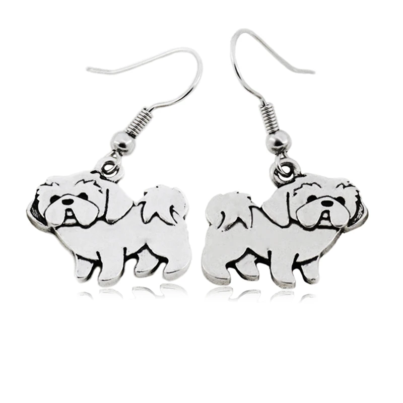 Fei Ye Paws Vintage Silver Color Shih Tzu Dog Charms Drop Earrings Big Statement Long Animal Dangle Earrings For Women Men